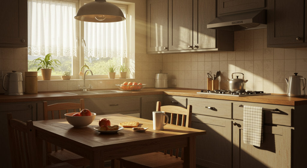 This morning kitchen captures the purpose of scenting with citrus and herbs during early light hours, supporting intention and rhythm through clean diffusion.