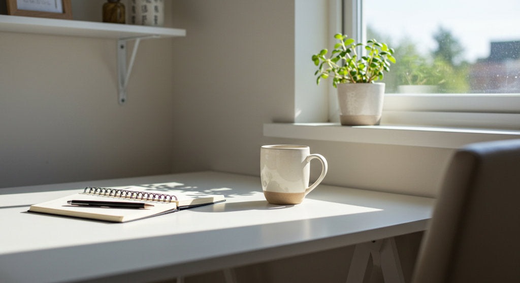 A home office styled for focus and productivity. Cold air diffusion with citrus peel fragrance oils such as lemon, grapefruit, and bergamot refreshes the air, creating clarity and energy guided by a refined fragrance house.