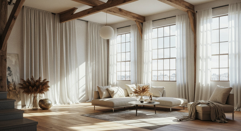 Sunlit loft with tall ceilings, pale wood floors, and soft furnishings that highlight the effect of architecture on cold air diffuser fragrance dispersion.