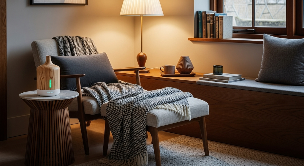 A winter reading nook designed to highlight the comfort and depth of warm wood fragrance oils. Cold air diffusion keeps the notes smooth and steady, creating a refined seasonal atmosphere ideal for quiet moments and evening relaxation.