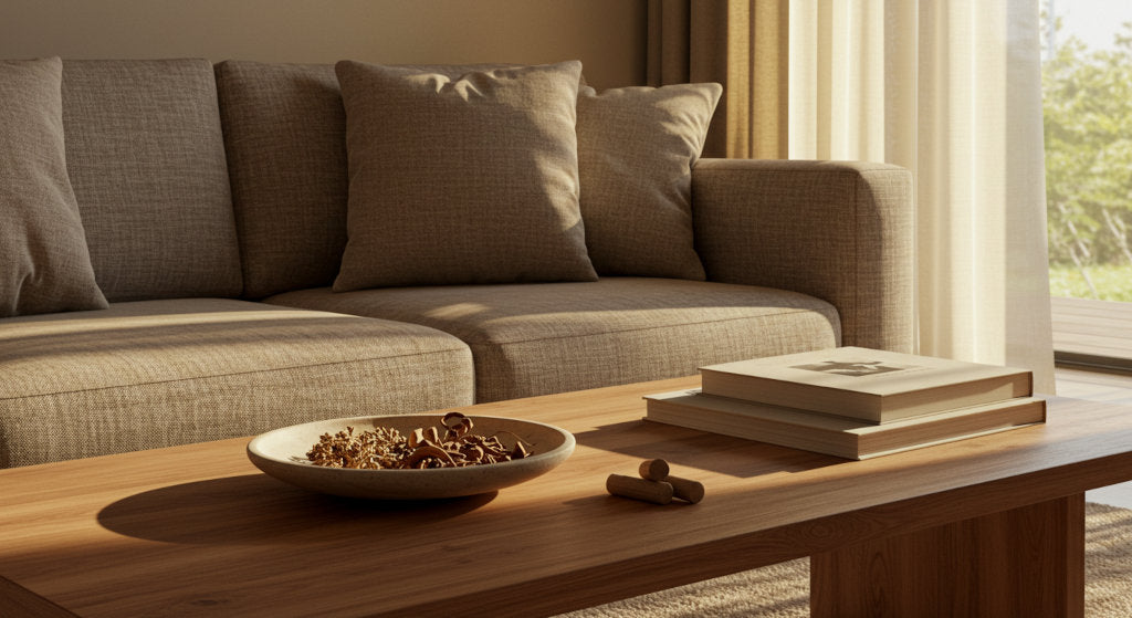A modern living room styled with natural textures and golden light. Cold air diffusion with Signature Santal Sandalwood fragrance oil blends citrus, amber, and woody notes for creative calm and refined comfort from a luxury home fragrance brand.