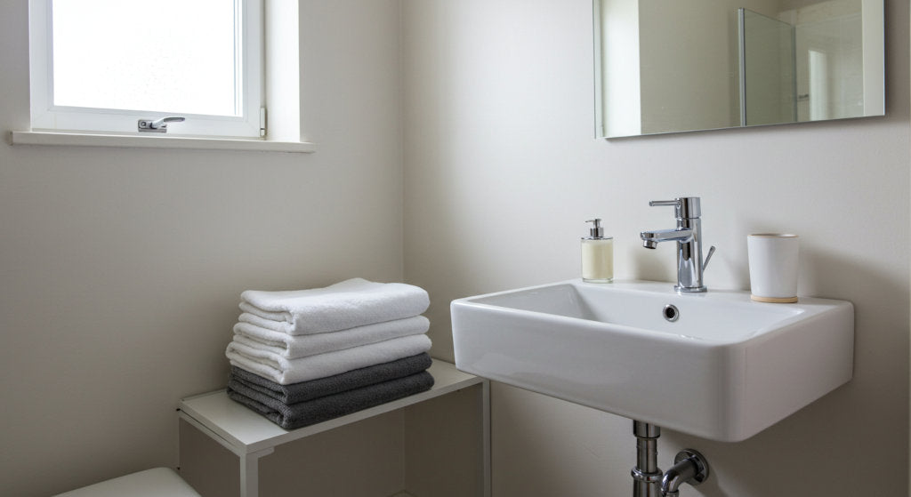 A bright, tidy small bathroom with natural light and fresh air, showing how odor neutralizing sprays and ventilation prevent odors from building up.