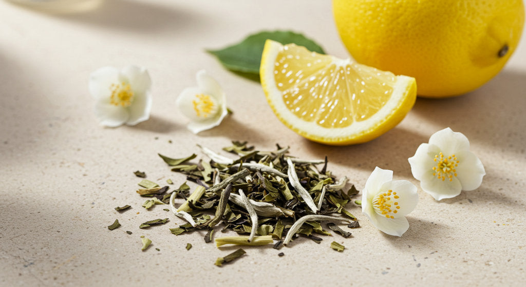 A refined still life showcasing the fragrance notes of White Tea diffuser oil. Tea leaves, jasmine blossoms, and lemon slices evoke a crisp, clean, and calming scent perfect for cold air diffusion.