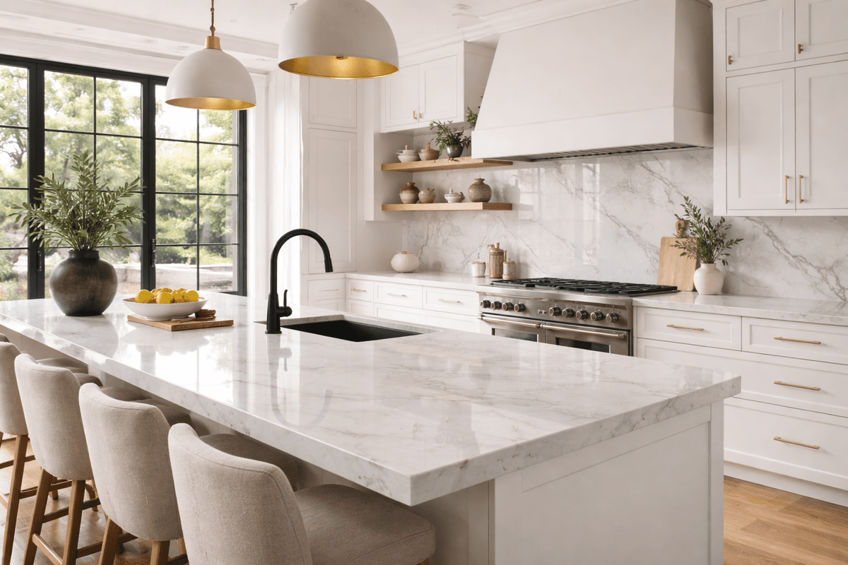 A marble kitchen island with fresh lemons and olive branches