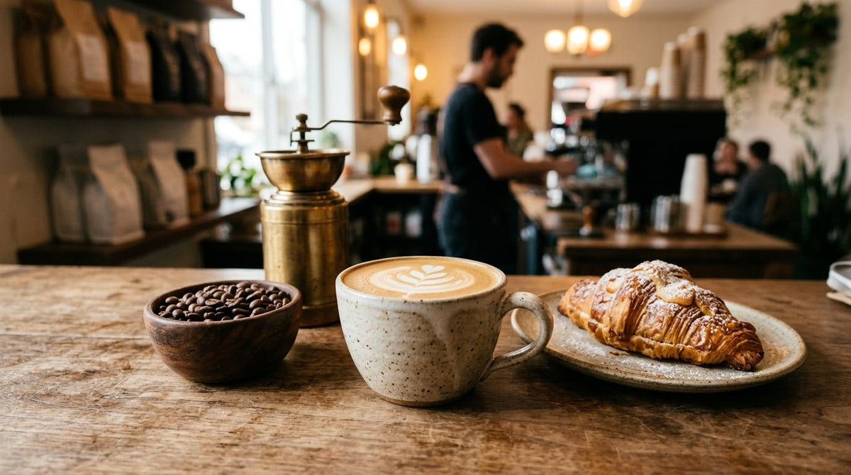 A latte on a café counter with steamed milk over roasted coffee