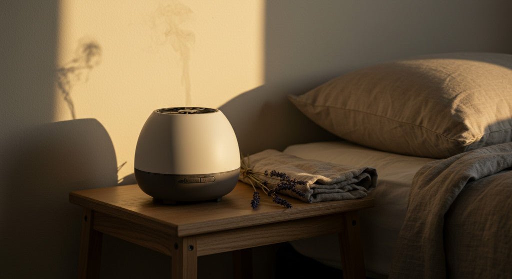 A cold air diffuser and lavender in a living room by evening lamplight