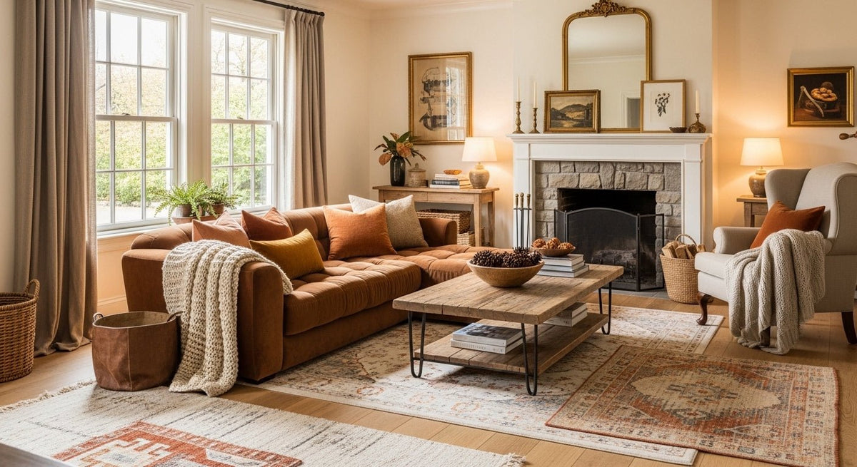 A traditional living room with a caramel sofa and a stone fireplace