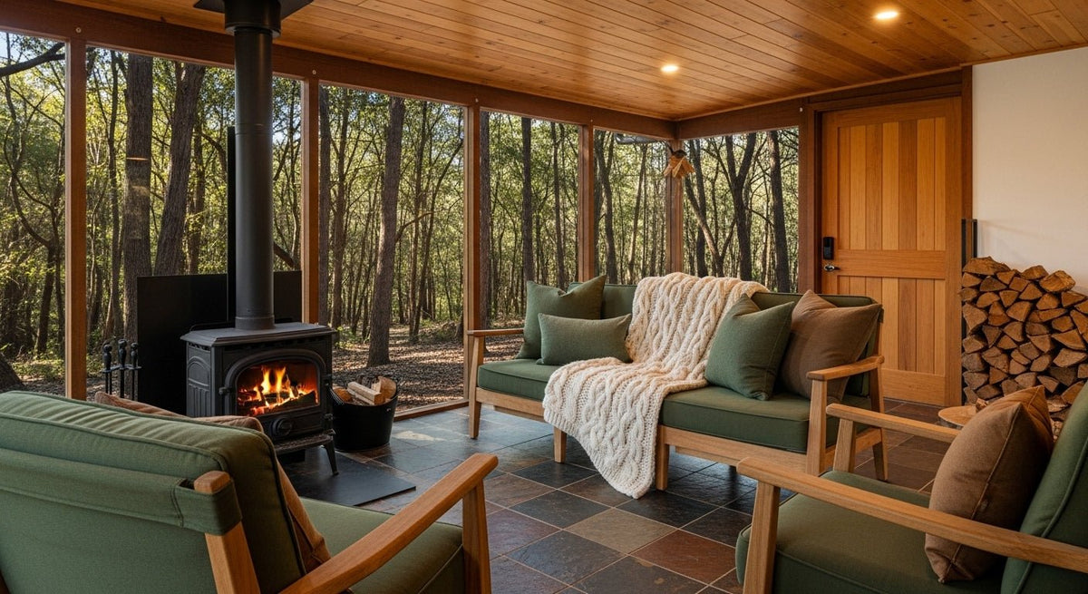 A wooded cabin sitting room with a cast iron wood stove and stacked firewood