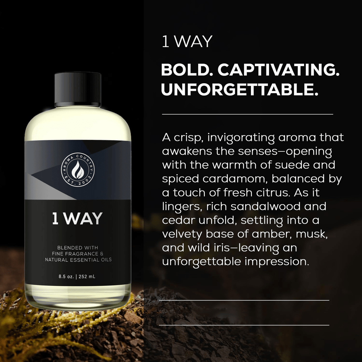 1 Way bold long lasting home fragrance oil with crisp citrus suede cardamom sandalwood cedar amber and iris creating a captivating scent experience