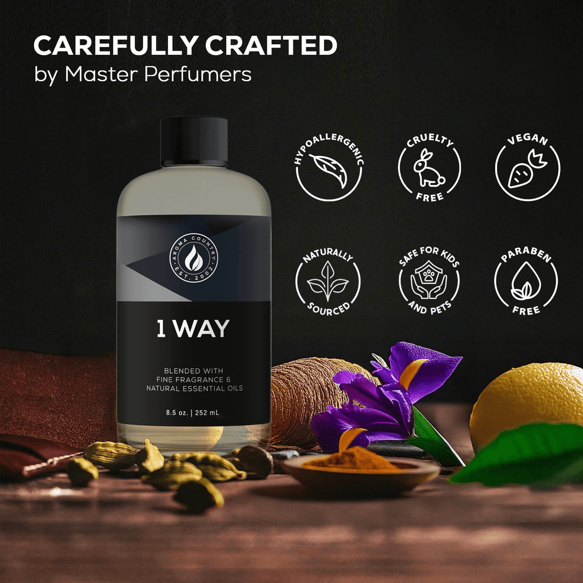 1 Way premium scent oil crafted fragrance blend featuring citrus cardamom suede sandalwood cedar amber and iris for a rich layered aroma