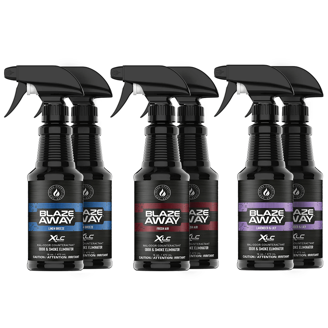 Blaze Away create your own 6 pack of 16 oz smoke and odor neutralizer sprays, shown as 2 Fresh Air, 2 Linen Breeze and 2 Lavender & Lily