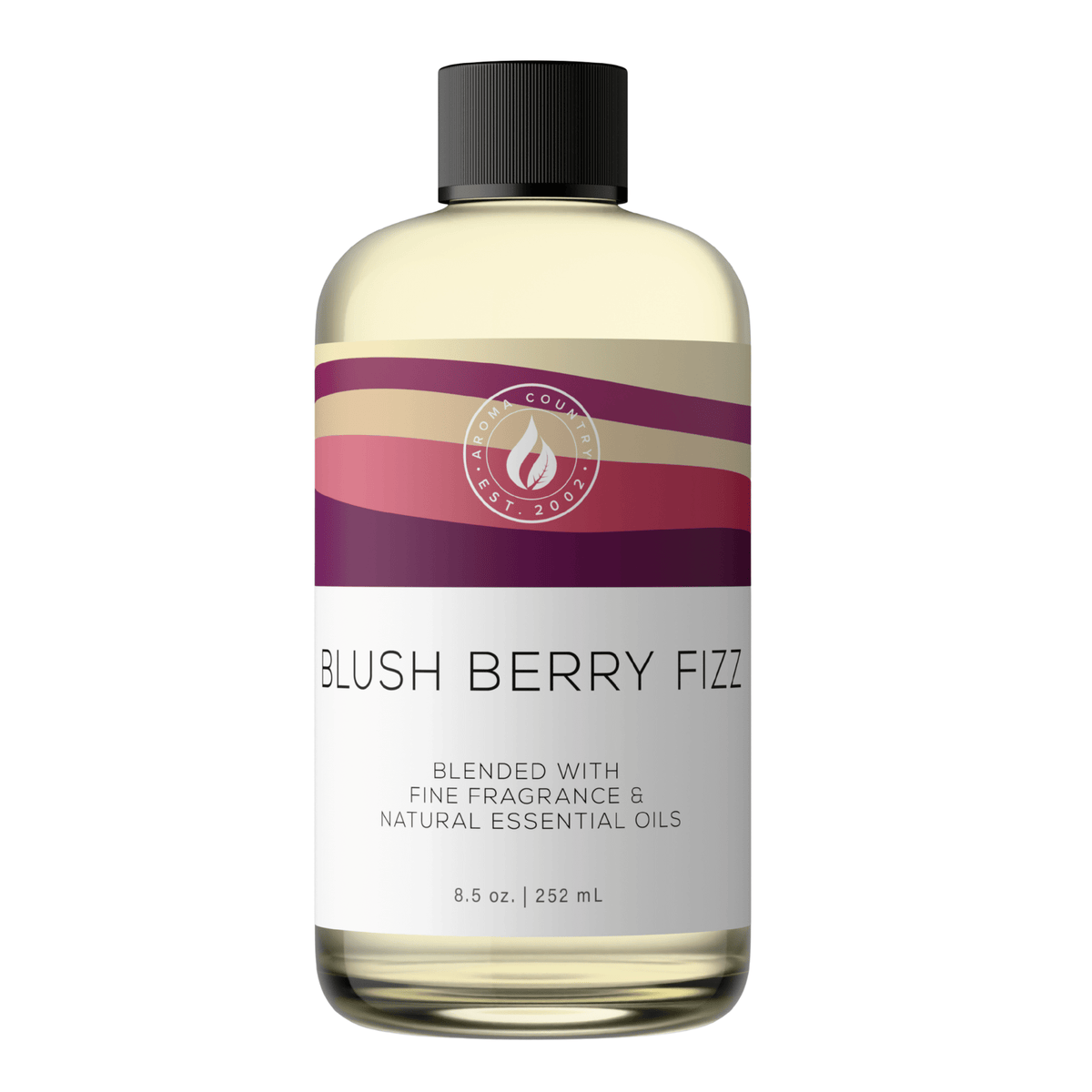 Aroma Country Blush Berry Fizz diffuser oil, 8.5 oz (252 mL) bottle with a black cap on a white background