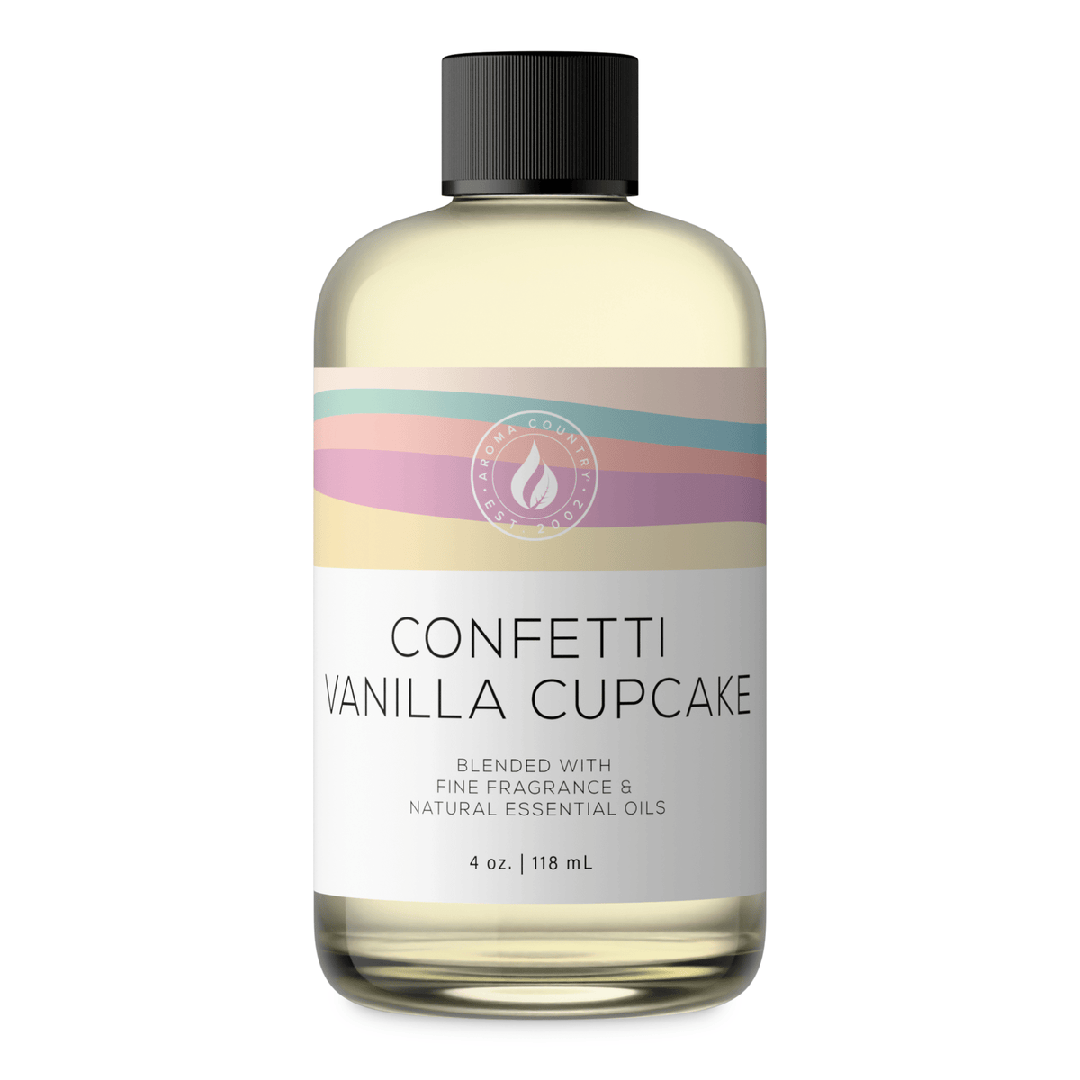 Aroma Country Confetti Vanilla Cupcake diffuser oil, 4 oz (118 mL) bottle with a black cap on a white background