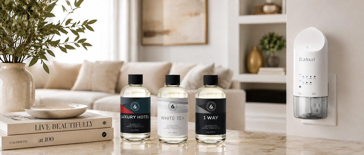 Luxury Hotel, White Tea and 1 Way 4 oz diffuser oils beside the Aroma Country plug-in diffuser in a bright living room