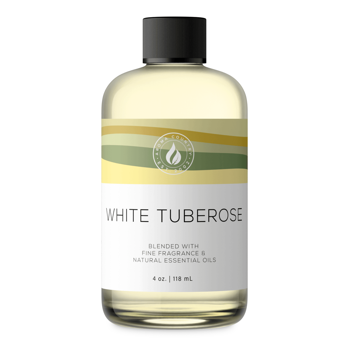 Aroma Country White Tuberose diffuser oil, 4 oz (118 mL) bottle with a black cap on a white background