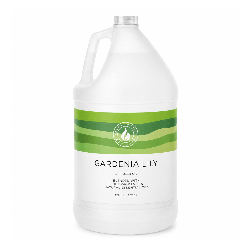 Gardenia Lily home fragrance in a 128 oz gallon size featuring creamy white floral character, fresh lily petal lift, and soft green undertones for whole-home scenting