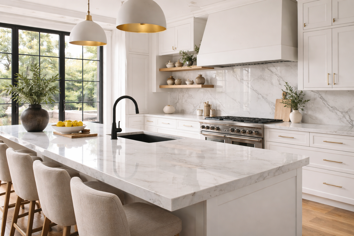 Modern marble kitchen island with olive branches and fresh lemons featuring Aroma Country top rated best selling home diffuser oils