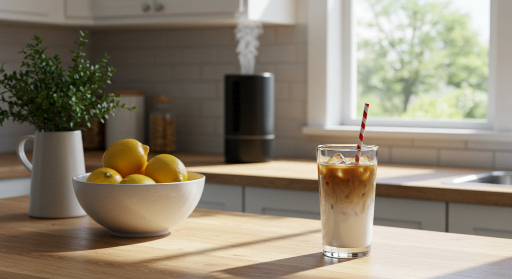 A sunlit kitchen styled with citrus elements, iced coffee, and a quiet diffuser to support seasonal scent rituals.