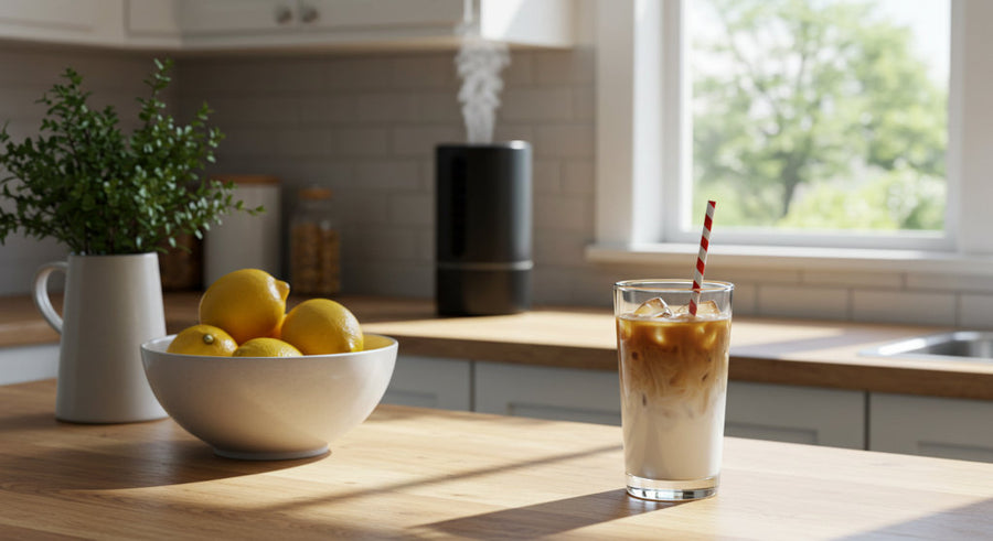 A sunlit kitchen styled with citrus elements, iced coffee, and a quiet diffuser to support seasonal scent rituals.