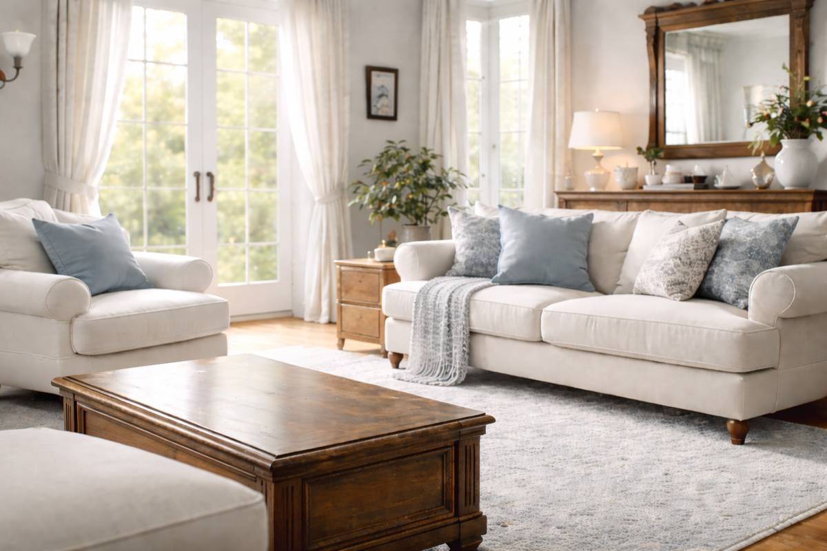 Traditional cream and soft blue living room featuring the Aroma Country Classic Collection of everyday home fragrance oils for any room