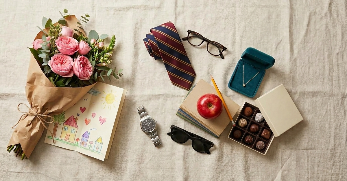 Gifts grouped for five people on linen: pink roses and a child's crayon drawing, a folded necktie and reading glasses, a jewellery box and chocolates, a watch and sunglasses, and an apple with books