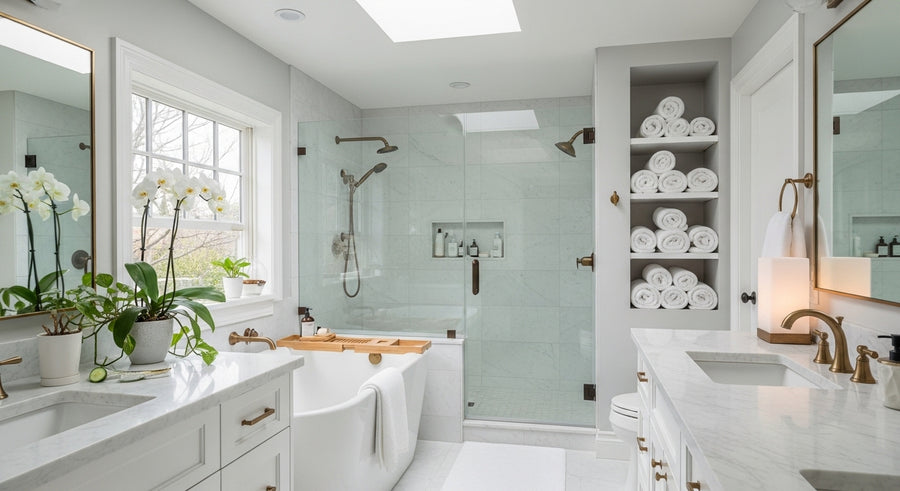 Bright marble spa bathroom with freestanding tub, glass shower, orchids, and rolled white towels showing how white tea and clean linen fresh spa diffuser oils fit a primary bathroom