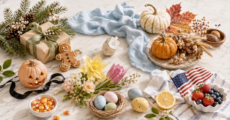Holiday flat lay on marble with a wrapped gift and pine for Christmas, a dreidel on blue linen for Hanukkah, a carved pumpkin and candy corn for Halloween, pumpkins and wheat for Thanksgiving, a nest of speckled eggs and spring flowers for Easter, and a flag with berries for July 4