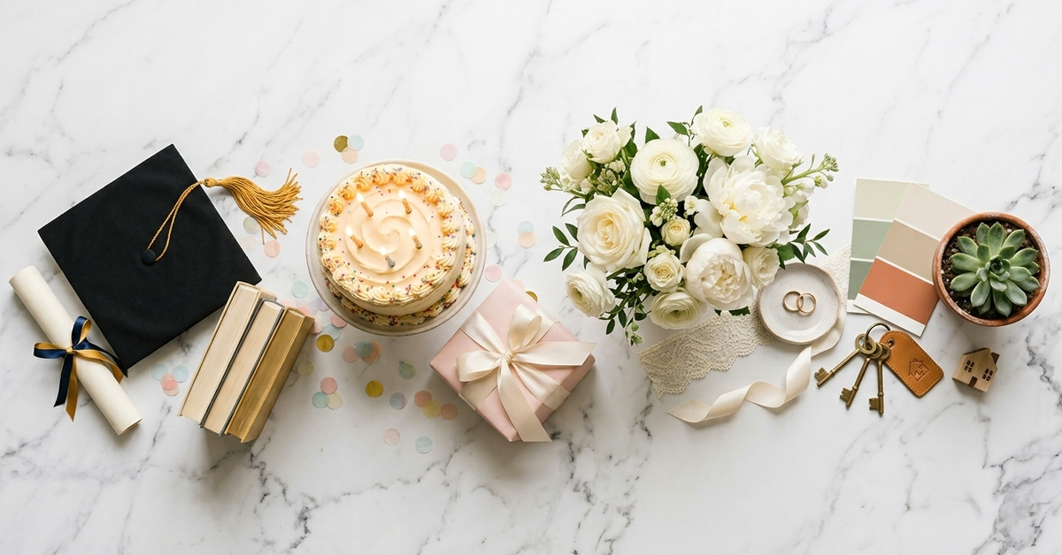 Milestone gifts on marble: a graduation cap with diploma and books, a candlelit cake with confetti and a wrapped present, a white wedding bouquet with gold rings, and house keys with paint swatches and a succulent