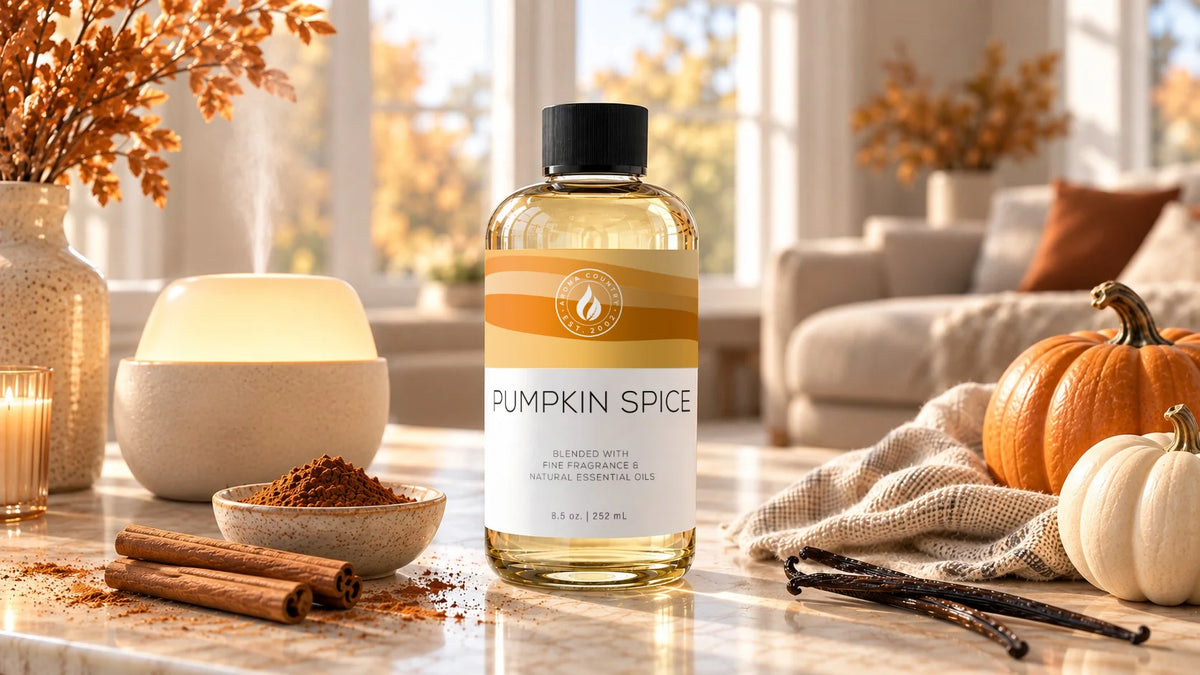 Pumpkin Spice diffuser oil by Aroma Country with fall decor, a cozy seasonal home fragrance