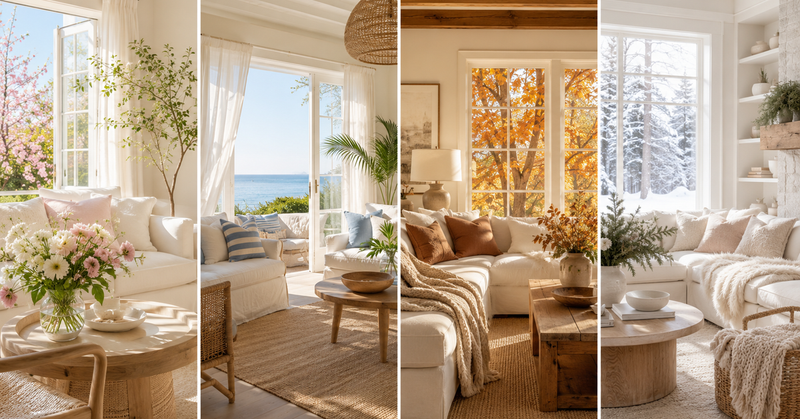The same living room shown in four panels through the year: spring blossom, a summer sea view, golden autumn leaves and a snow-covered window in winter