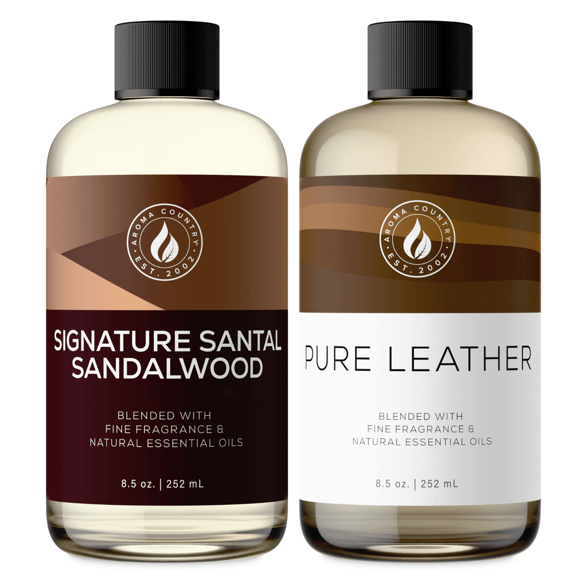 Signature Santal Sandalwood and Pure Leather aroma oil bundle in 8.5 oz bottles, pairing warm creamy sandalwood with rich aged-leather depth for a sophisticated woody scent profile