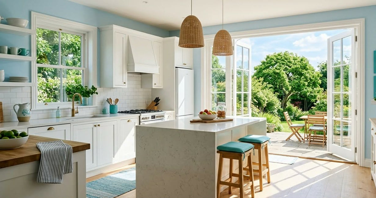 A bright, open kitchen in summer sunlight