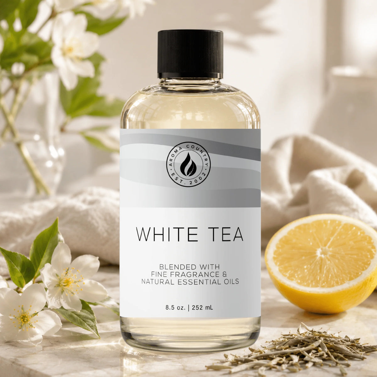 White Tea diffuser oil, a clean and calming blend of white tea, jasmine and lemon