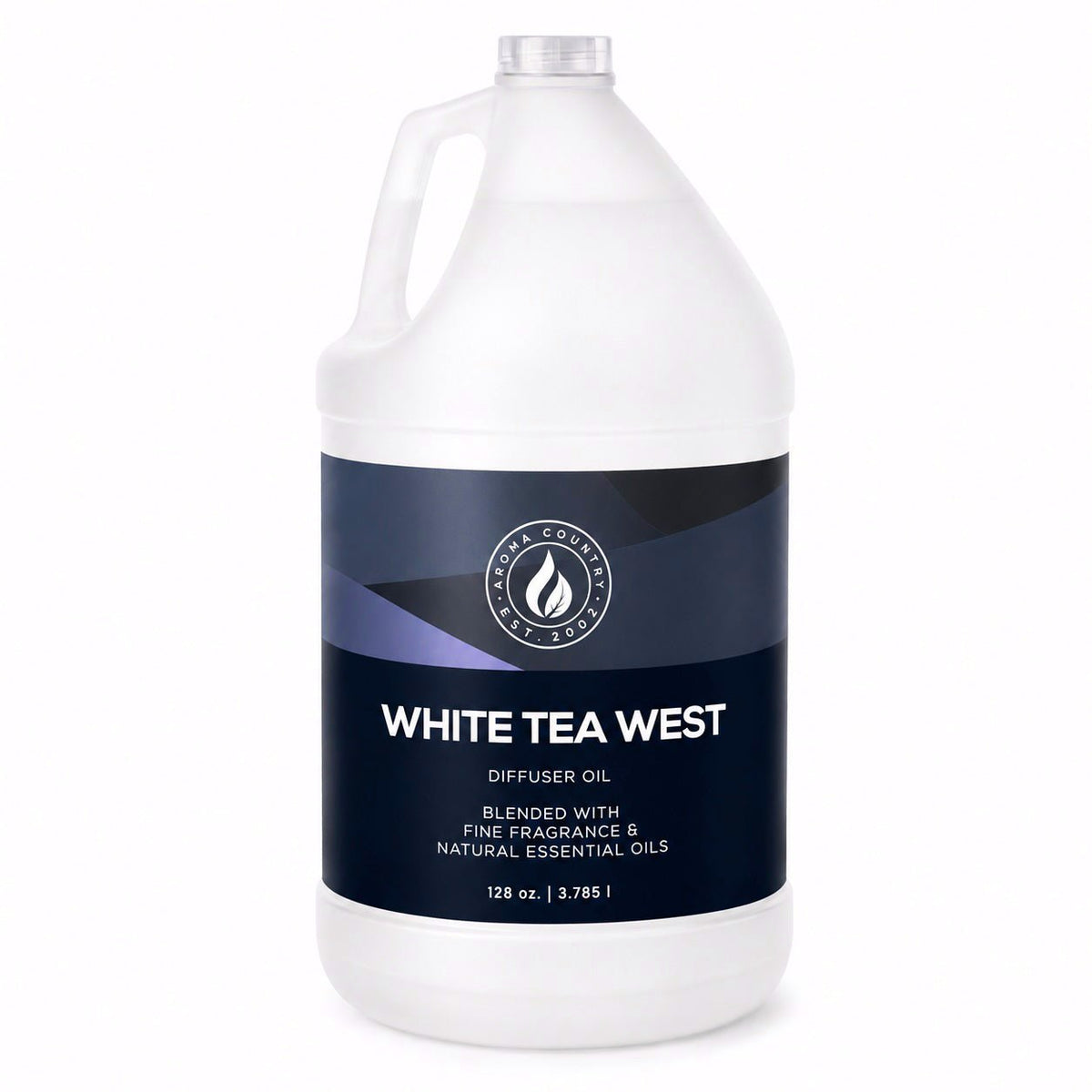 White Tea West aroma oil in a 128 oz gallon jug with a refined hotel-inspired tea character, soft floral undertones, and clean modern warmth for whole-home cold air diffusion