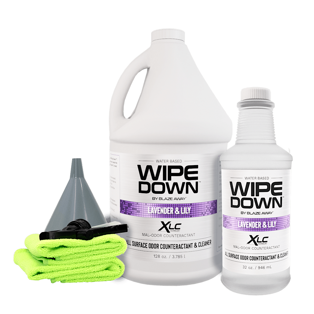 Lavender & Lily Wipe Down kit with 1-gallon odor remover, 32oz refill, funnel, sprayer, and microfiber cloths for surface deodorizing.