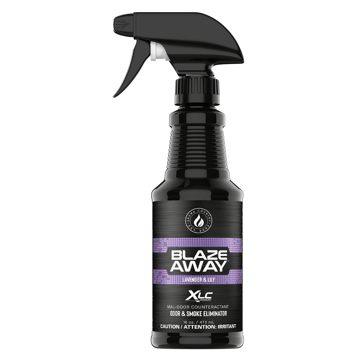 Blaze Away Lavender & Lily XLC mal‑odor counteractant 16 oz room spray—fast‑acting smoke and odor neutralizer that leaves interiors lightly scented with fresh florals