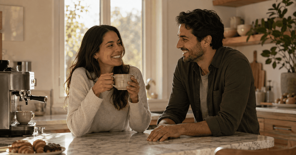 Una pareja riendo al otro lado de una encimera de mármol de cocina junto a una máquina de café espresso y pasteles