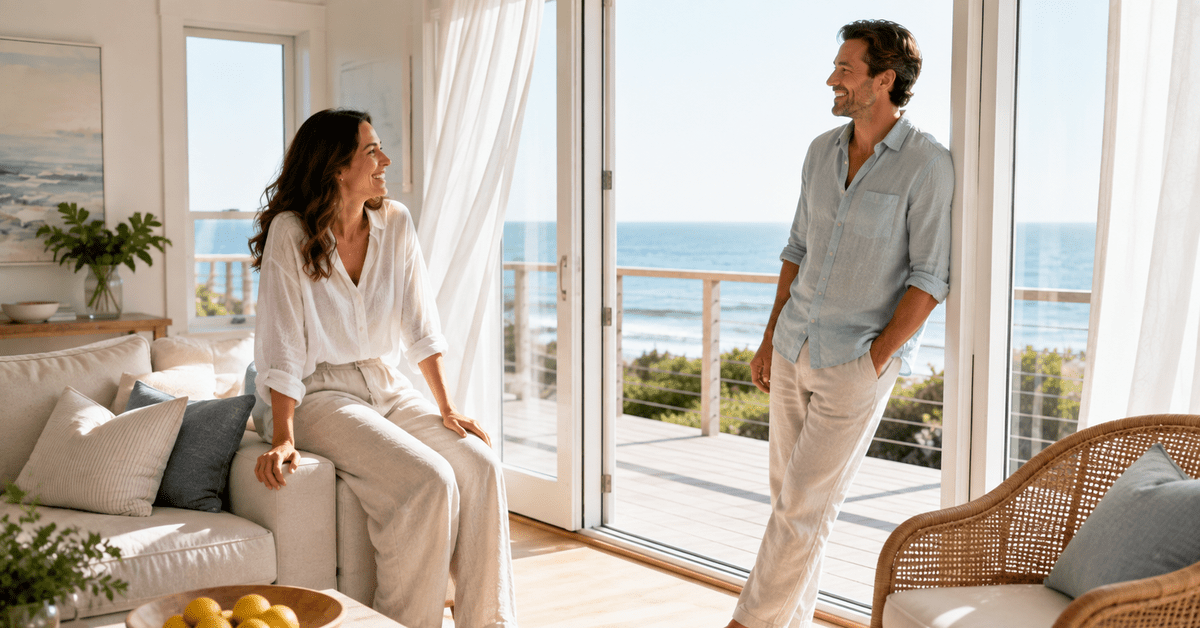 Una pareja riendo en una luminosa sala de estar costera con las puertas abiertas al mar