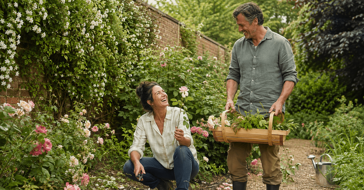 Una pareja cortando rosas en un borde de jardín amurallado con un cesto de madera lleno de tallos