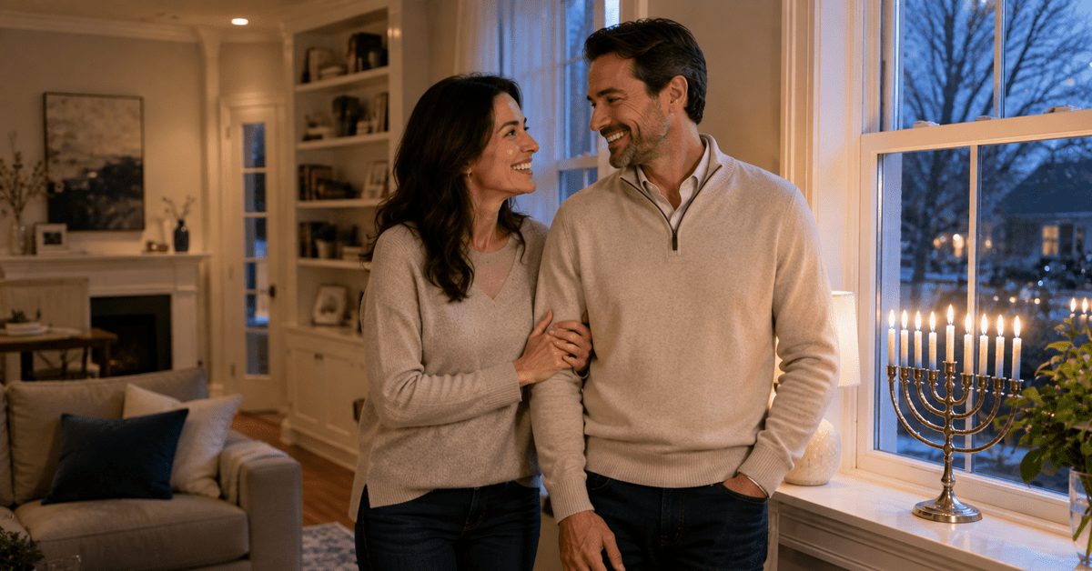 Una pareja sonriendo junto a una ventana donde una menorá encendida se alza en el alféizar al anochecer