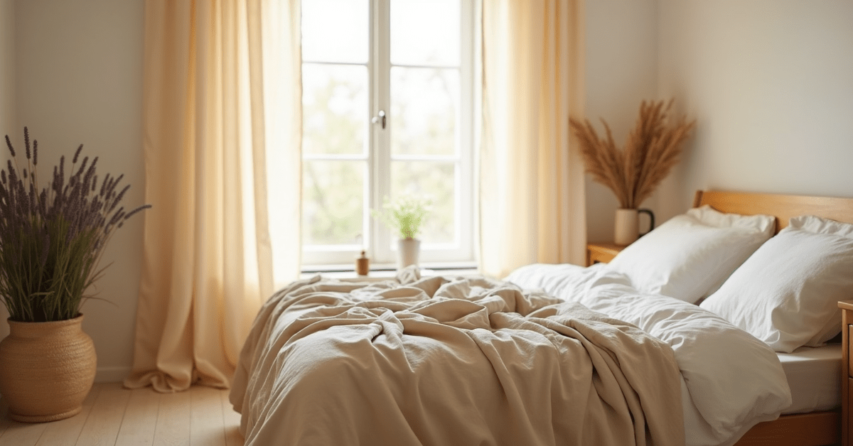 Un dormitorio sereno con luz suave matutina, ropa de cama de lino y una maceta de lavanda junto a la ventana