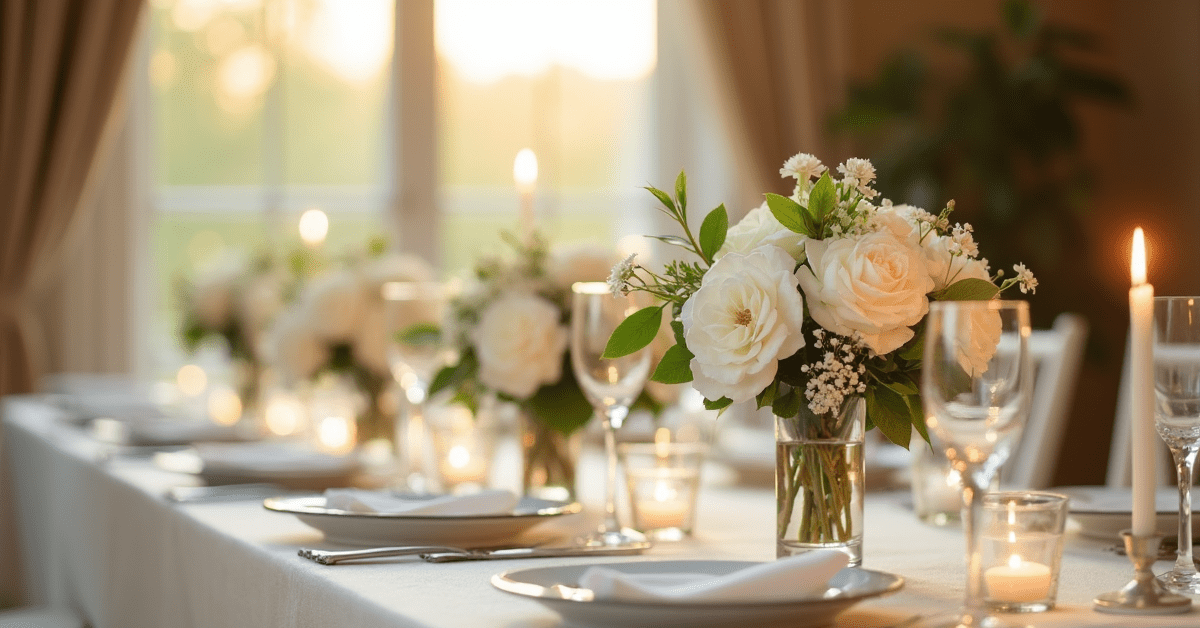 Una elegante mesa de boda con arreglos de nardos y gardenias blancas y velas largas encendidas