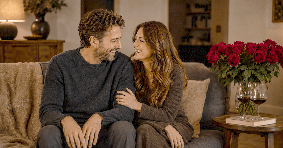 Una pareja riendo en un sofá a la luz de una lámpara con rosas de color rojo intenso en la mesa auxiliar